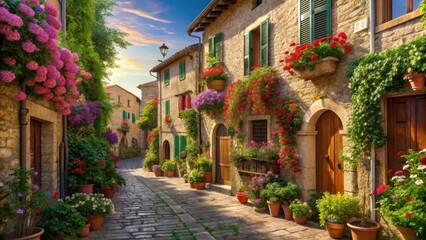 Fototapeta premium Blooming italian village street