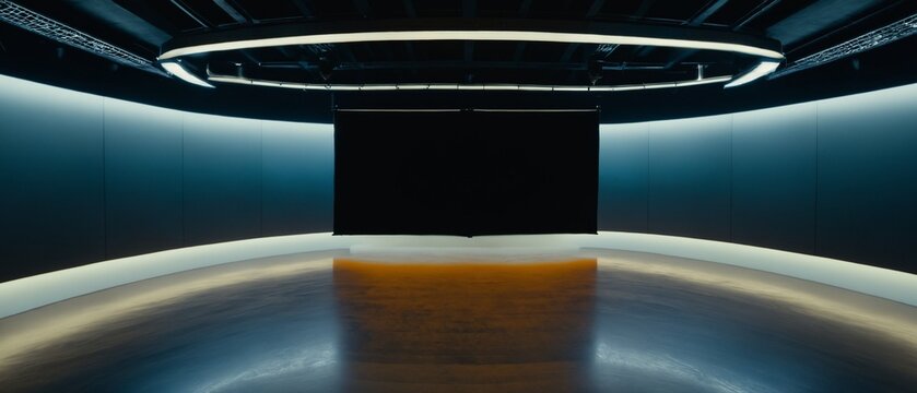 Futuristic empty showroom with glowing blue neon light stripes
