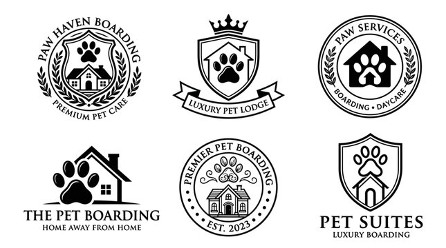 Black and white pet boarding logos.