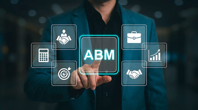 Account Based Marketing Strategy Concept Businessman Touching ABM Screen