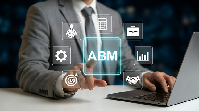 Businessman pressing ABM button on virtual screen for marketing strategy