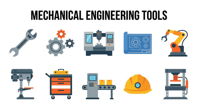 Mechanical Engineering Tools Vector Illustration Set Featuring Wrenches, Gears, CNC Machine, Blueprint, Robot Arm, Drill Press, Tool Cart, Conveyor Belt, Hard Hat, and Hydraulic Press