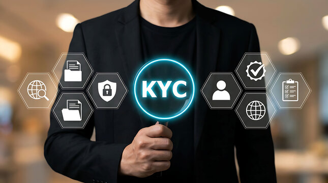KYC document verification concept with businessman holding magnifying glass