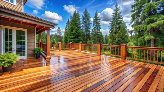 Freshly stained large home walk out cedar wood deck patio