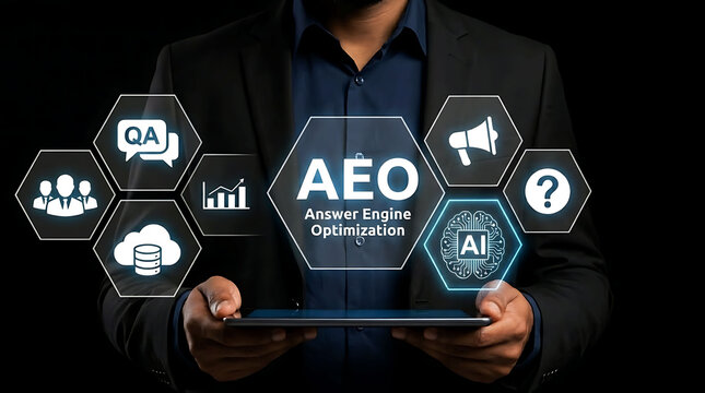 Answer AEO Engine Optimization concept with business man holding tablet and AI icons