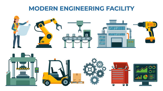 Modern Engineering Facility Vector Illustration Set of Industrial Equipment and Technology