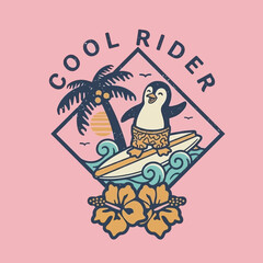 Penguin on surfboard riding wave. © logo