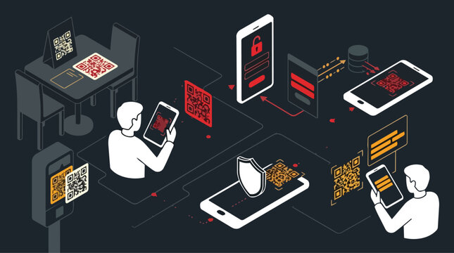 Qr Code Security Illustration Depicting Data Phishing and Protection Measures in a Digital Transaction Scenario