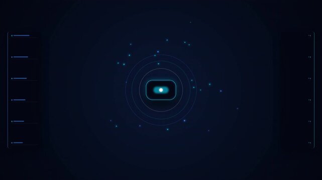 Futuristic digital interface featuring concentric circles, data points, and glowing lines against dark background, resembling a high-tech control display
