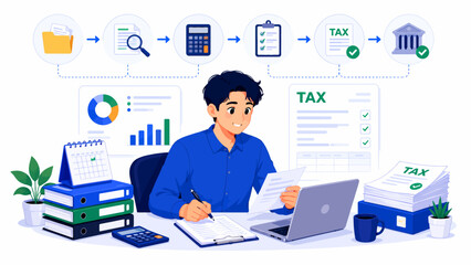 Naklejka premium Professional Man Managing Tax Payments and Financial Accounting Processes with Digital Workflow and Document Organization