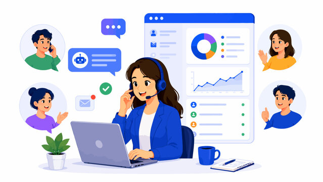 Dedicated customer service professional offers online support, managing virtual inquiries and client communication efficiently through a digital platform and call center setup