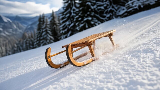toboggan. A wooden toboggan sliding down a snowy slope, leaving smooth tracks in fresh white snow, cinematic winter scene. event key visuals.