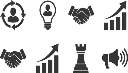 Business management and corporate marketing strategy icon set, handshake partnership growth financial chart success concept graphics for commercial design. © Mdjoshel 