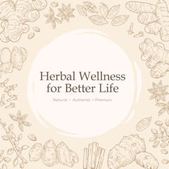 Obraz premium Herbal Wellness Botanical Frame with Copy Space Background. Aromatic Spices hand drawn vector designs. Vintage style vector graphic with separated layers. 