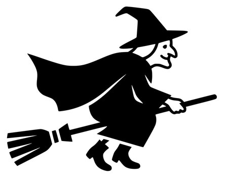 Solid black vector silhouette of an old witch flying on a broomstick. Sharp, clean graphic ideal for Befana Italian folklore, Epiphany holiday, and Halloween concepts.
