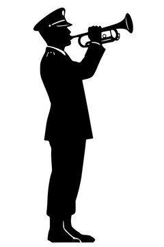 Solid black vector silhouette of a military bugler in uniform playing the trumpet or bugle. Sharp, clean minimalist graphic for Taps, Veterans Day, Memorial Day, and remembrance ceremonies.