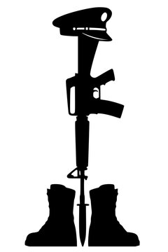 Solid black vector silhouette of a fallen soldier battlefield cross with a rifle, bayonet, combat boots, and service cap. Sharp, clean graphic for Memorial Day, military honor, and remembrance.
