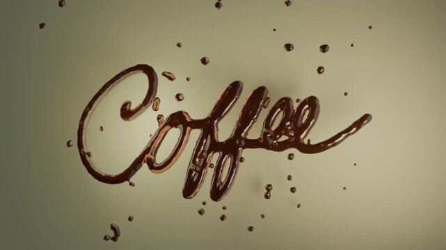 Coffee themed animated splash typography. Brown liquid text motion graphic, handwritten letters writing the word coffee. 3D illustrative animation with blank copy space for text