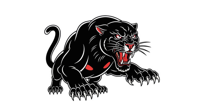 Aggressive Black Panther Roaring with Sharp Claws on White Background