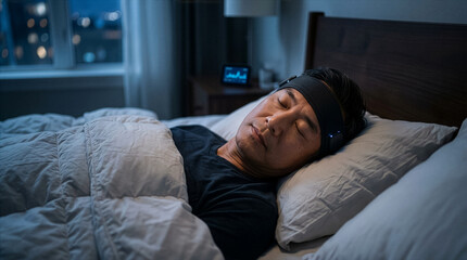 Fototapeta premium Asian Man Resting in Bed with Health Monitoring Technology Indicating Recovery and Wellbeing