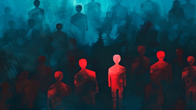 One glowing figure standing out from a massive crowd of dark anonymous silhouettes, concept of individuality and leadership.