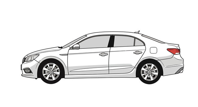 Modern white sedan car side view illustration, a sleek and contemporary automotive vector graphic depicting a clean passenger vehicle design perfect for transportation concepts and digital projects