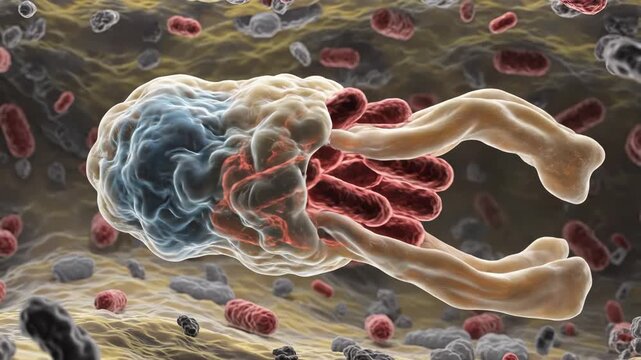 Microscopic view of cellular structures interacting.