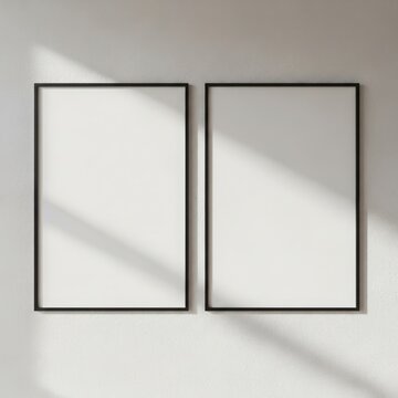 Two blank vertical picture frames with black borders on a textured wall with sunlight