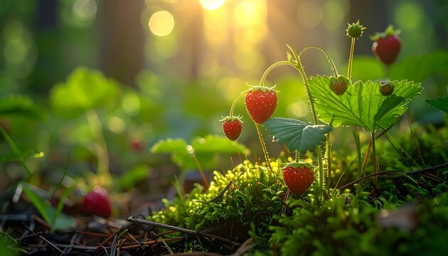 Wild strawberries growing in forest floor.