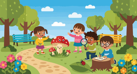 Obraz premium A group of diverse children are exploring nature in a beautiful park, observing a large mushroom and a ladybug while drawing and learning.