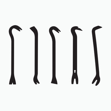 Five black crowbar silhouettes on a white background pry bar tool