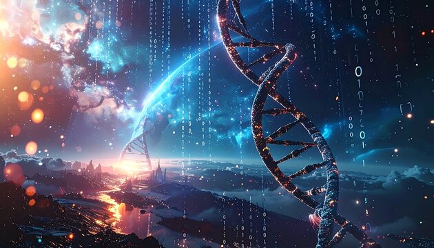 DNA helix in space with glowing particles.