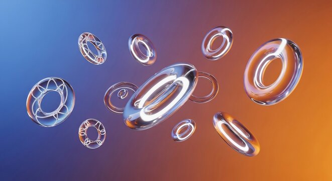 A collection of transparent and reflective torus shapes floating against a vibrant blue and orange gradient background.