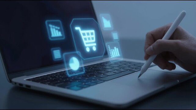 Business professional using digital ecommerce system with virtual shopping cart, online payment, customer service interface, data visualization to represent modern retail technology, commerce strategy