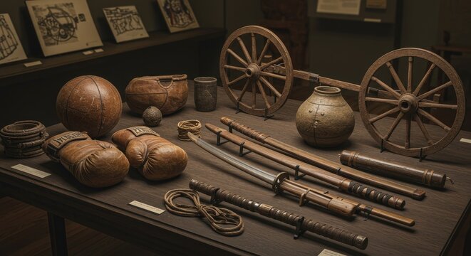 Historical artifacts displayed on a table in museum setting