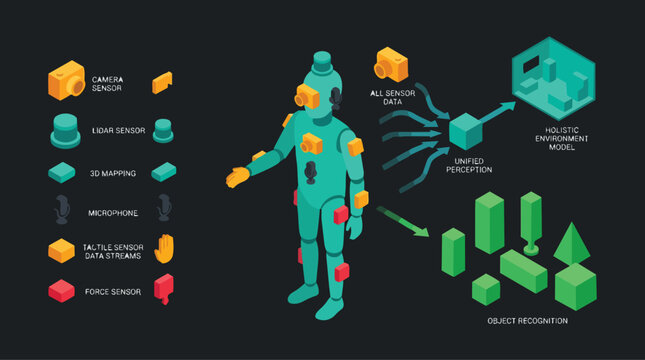 Isometric Flat Design Illustration of a Humanoid Robot with Multiple Sensor Icons Showing Data Flow to Unified Perception and Object Recognition