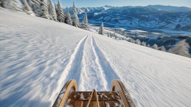 toboggan. First-person view of a wooden sled speeding down a snowy hill with tracks in the snow. mobility guides, transit brochures, designed for transport & logistics marketing.