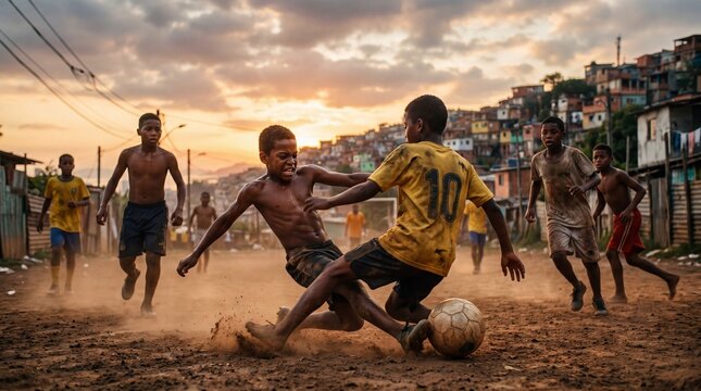 Brazilian children playing street football in a favela at sunset, celebrating the passion for soccer and community life