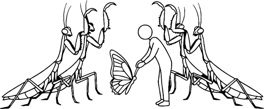 Person holding butterfly surrounded by giant praying mantises