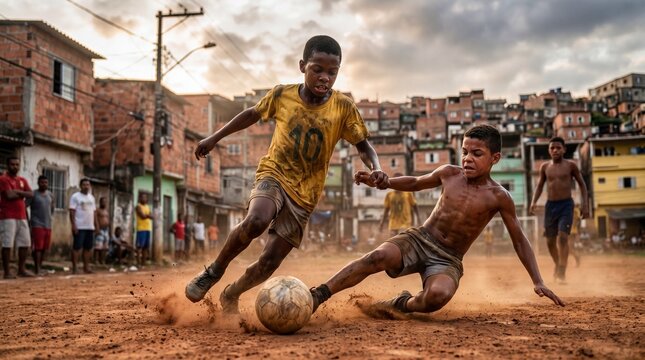 Brazilian children playing street football in a favela at sunset, celebrating the passion for soccer and community life