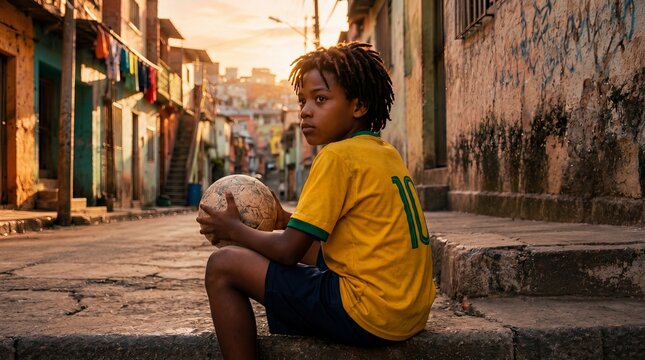 Brazilian boy holding a soccer ball in a favela alley, representing dreams, resilience and the spirit of street football