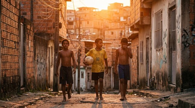 Brazilian children playing street football in a favela at sunset, celebrating the passion for soccer and community life