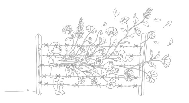 Hopeful child behind barbed wire looking at growing flowers, symbolizing freedom and growth despite confinement.