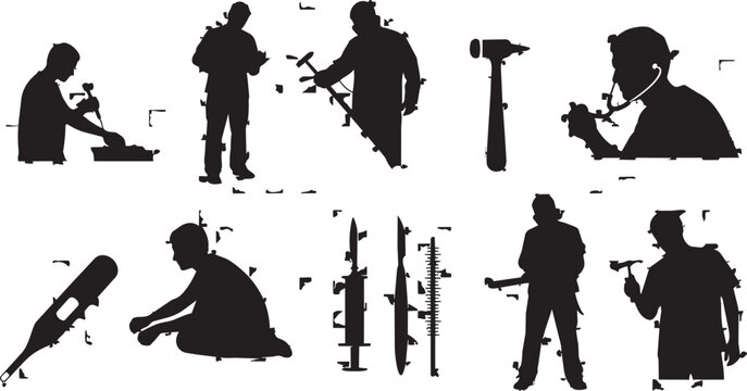 Black silhouette icons of construction workers, tools, and equipment, 10 vector graphics