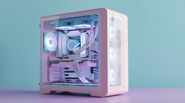 Cute pastel pink gaming pc build with white hardware and liquid cooling. Perfect aesthetic technology background for modern gamer lifestyle, cute desk setups, and clean computer hardware concepts.
