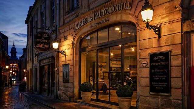 zeppelin. Historic automobile museum facade on a quaint French village street with cobblestone pavement. mobility guides, transit brochures, designed for mobility and urban transit guides.