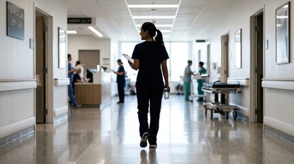 Fototapeta premium Nurse Walking Hospital Hallway Providing Patient Care – Healthcare Worker Profession Concept