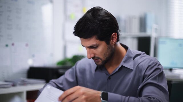 A busy businessman handles document work and takes a smartphone call in a messy office while feeling overworked