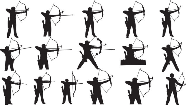 Archery, bow and arrow, archer silhouettes, black icons, sport graphics