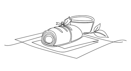 Fototapeta premium Continuous line drawing of a croissant and coffee cup with green leaves, simple black and white illustration.